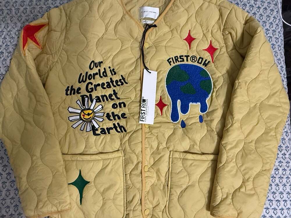 First Row Yellow Quilted Snap-Front Planet Graphic Jacket